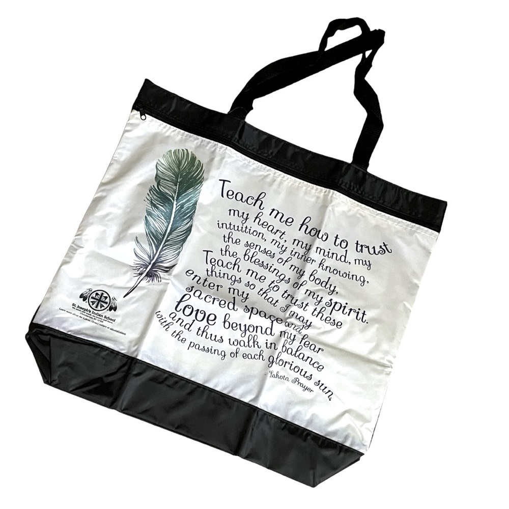 Shopping Shoulder Bag Tote with Green Feather and Lakota Prayer Nylon Polyester
